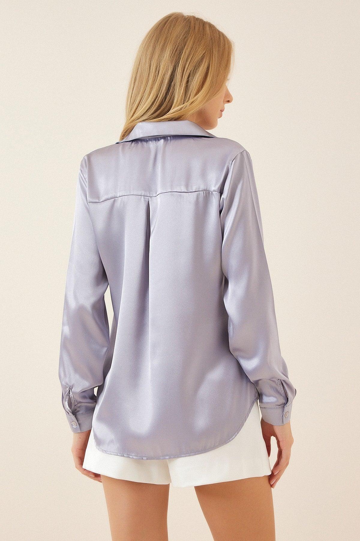 Women's Gray Lightly Flowy Satin Shirt DD00990 - Swordslife