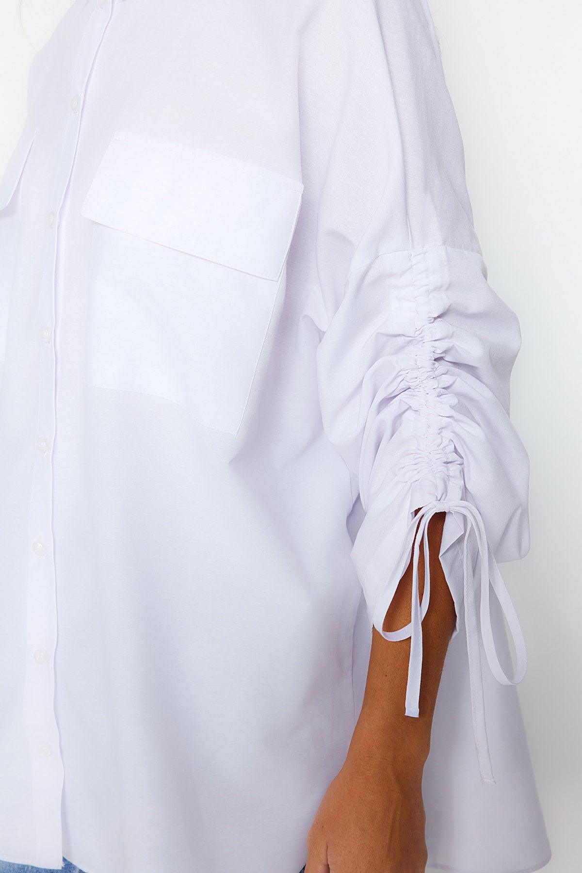 White Adjustable Ruffle Detailed Woven Cotton Shirt with Adjustable Sleeves TCTSS23TG00011 - Swordslife