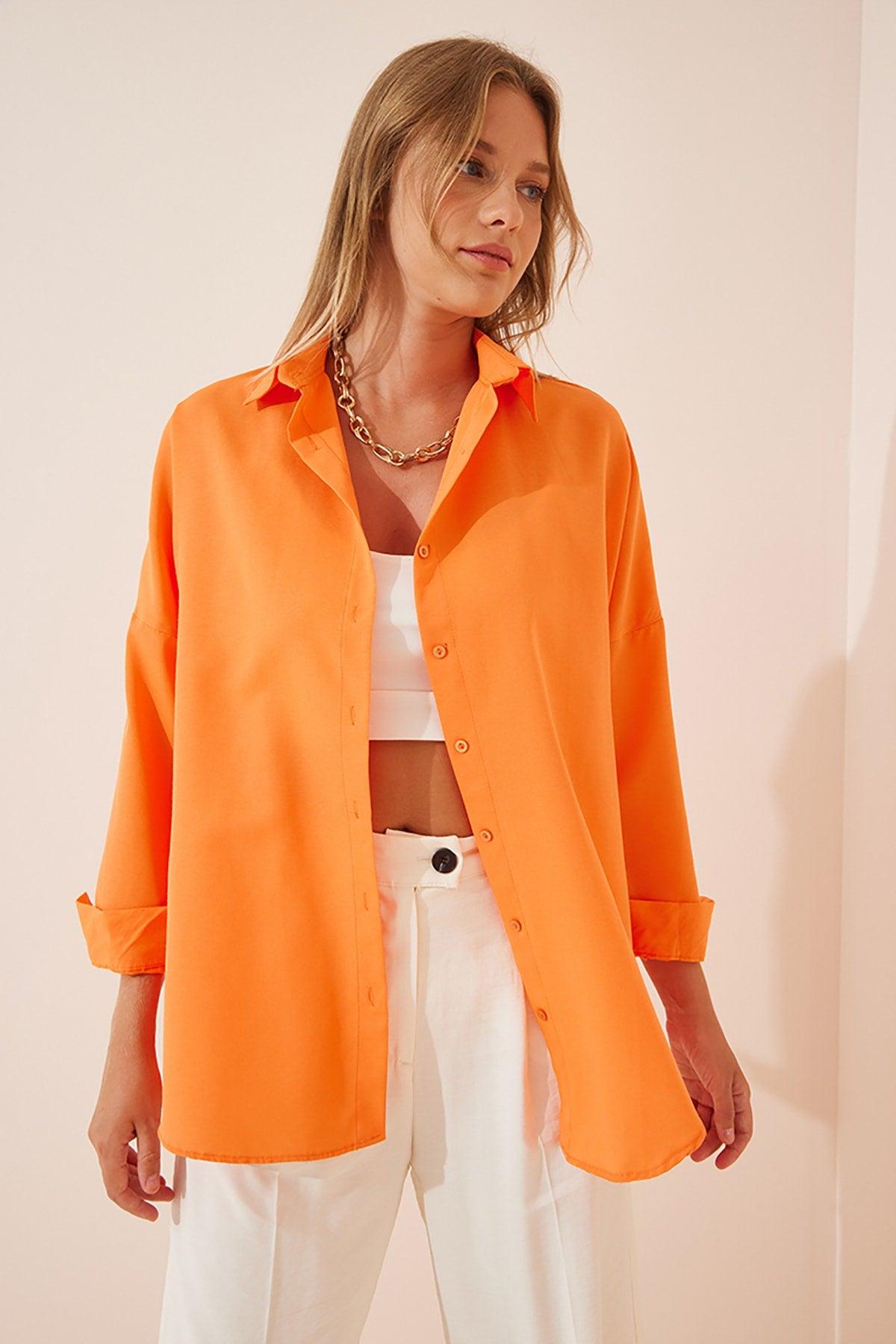 Women's Orange Oversize Long Basic Shirt DD00842 - Swordslife