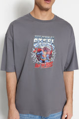 Anthracite Men's Oversize Crew Neck Short Sleeve Printed Superman Printed Licensed T-Shirt