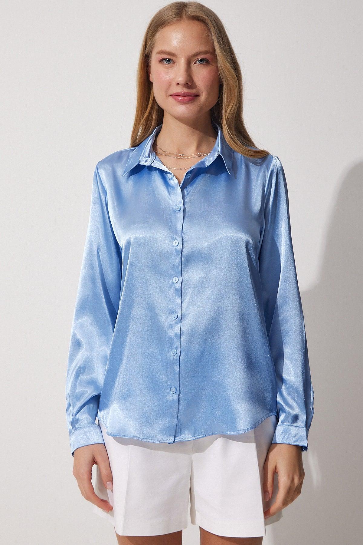 Women's Sky Blue Lightly Flowy Satin Shirt DD00990 - Swordslife