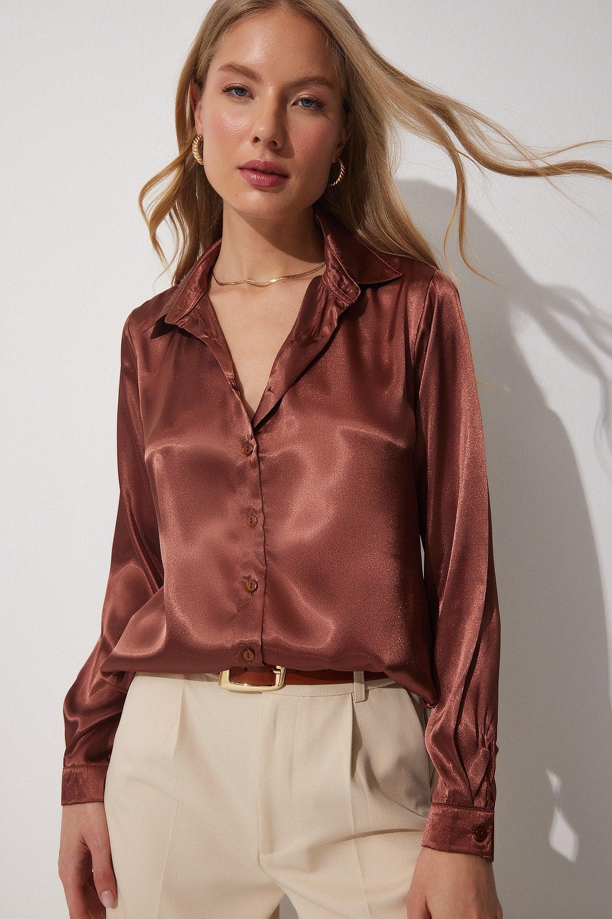 Women's Brown Light Flowy Satin Shirt DD00990 - Swordslife