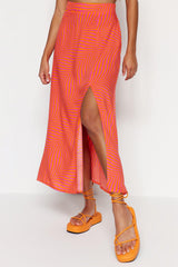 Orange Midi Woven Slit Detailed Viscose Fabric Geometric Patterned Skirt TWOSS23ET00017 - Swordslife