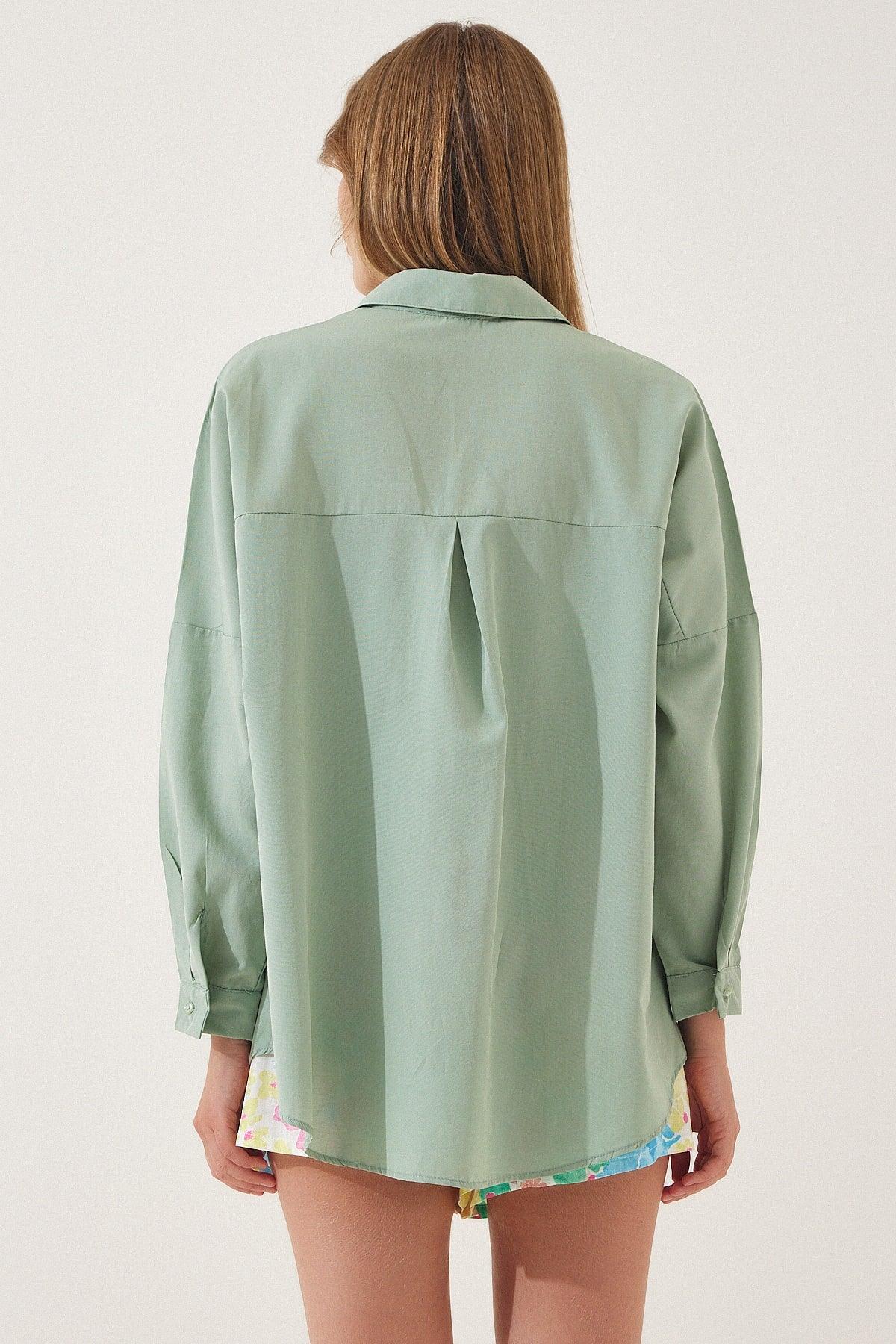 Women's Light Green Oversize Long Basic Shirt DD00842 - Swordslife