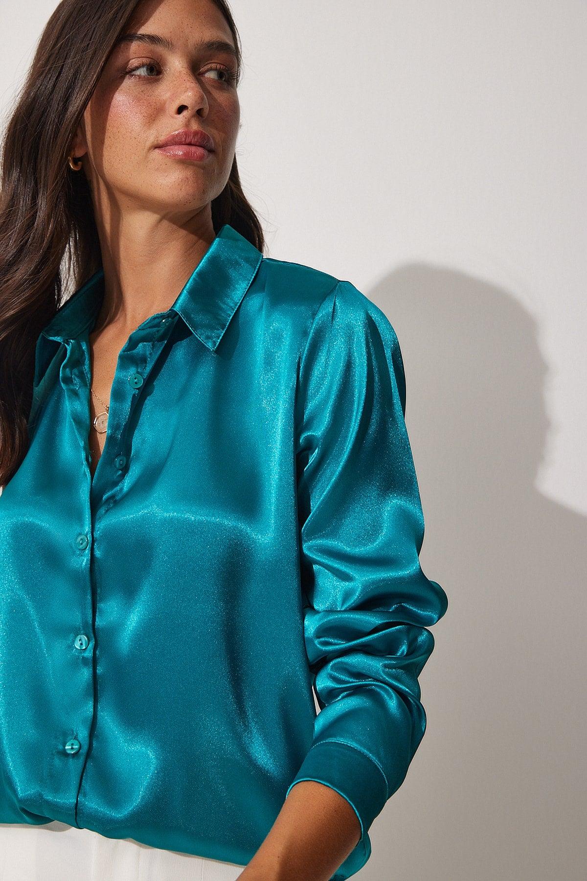 Women's Petrol Blue Light Flowy Satin Top Shirt DD00990 - Swordslife