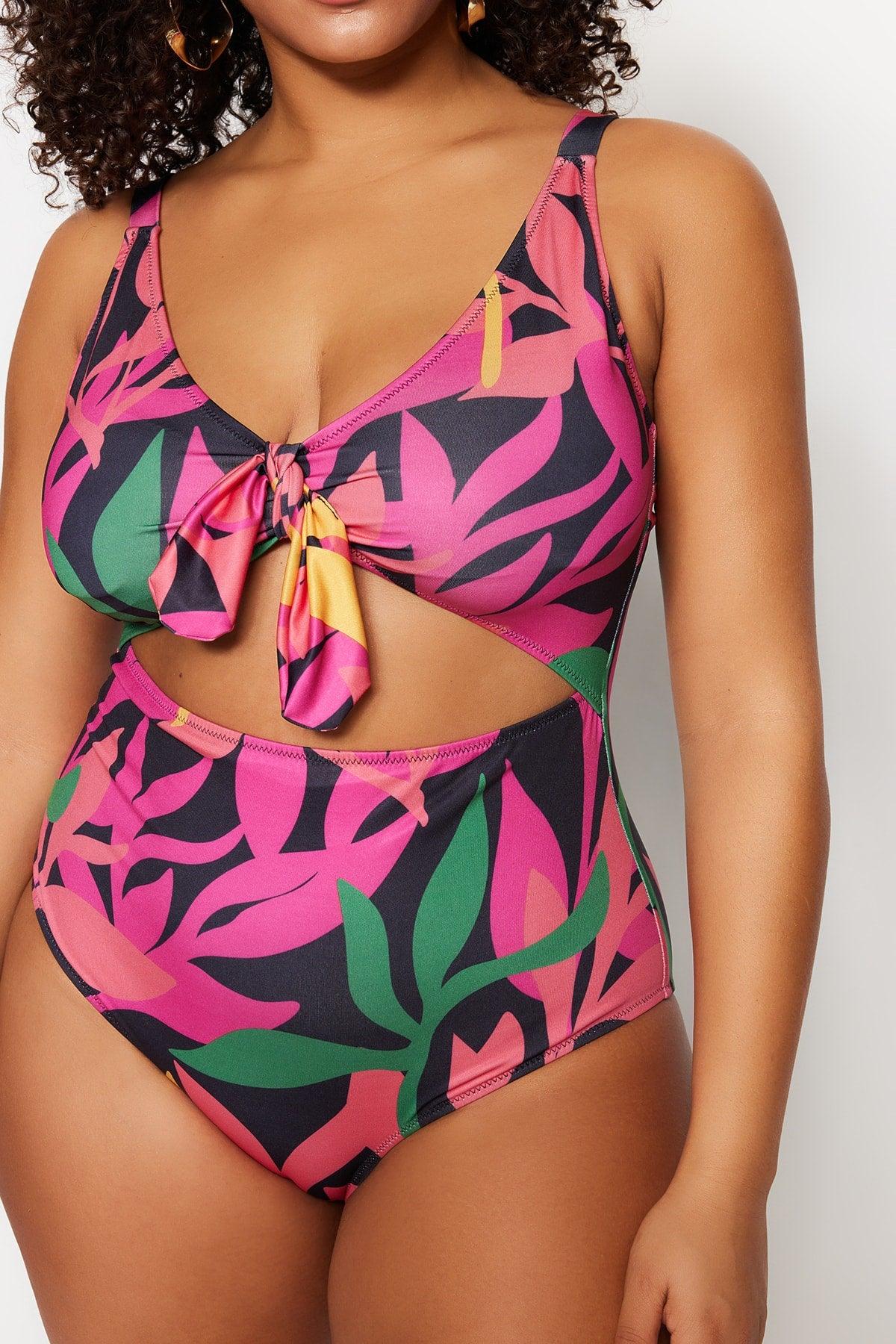 Black Tropical Patterned Tie Detailed Swimsuit TBBSS23AM00008 - Swordslife