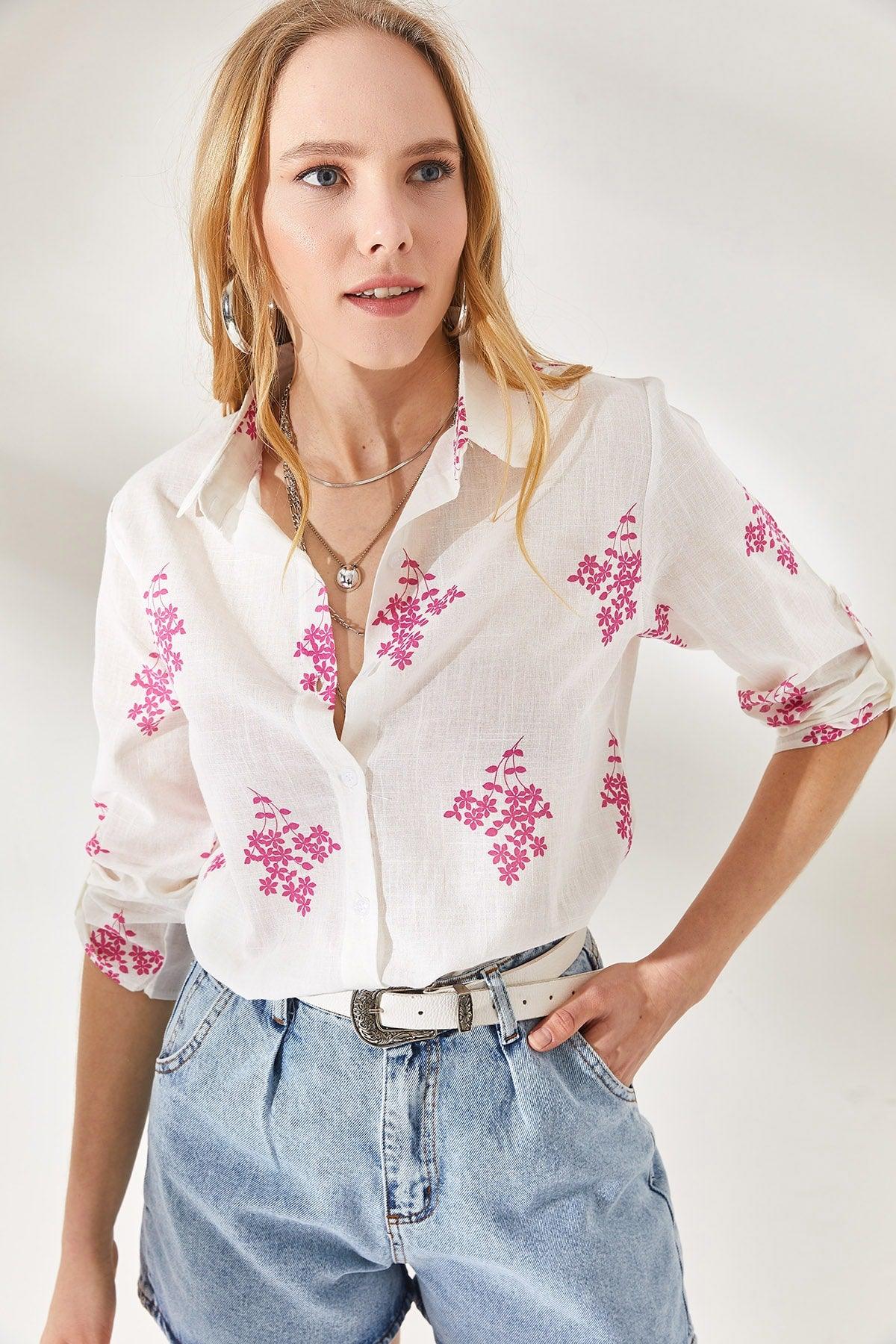 Women's Floral Fuchsia Sleeve Fold Linen Shirt GML-19000825 - Swordslife