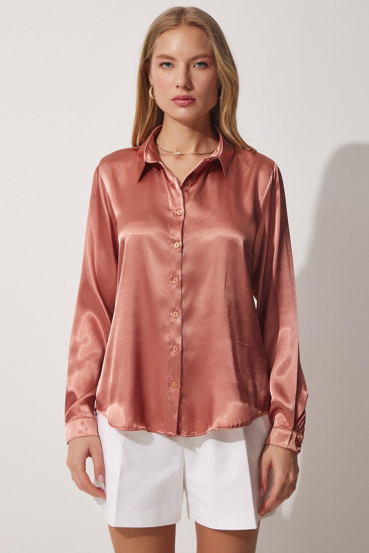 Women's Dried Rose Lightly Flowy Satin Shirt DD00990 - Swordslife