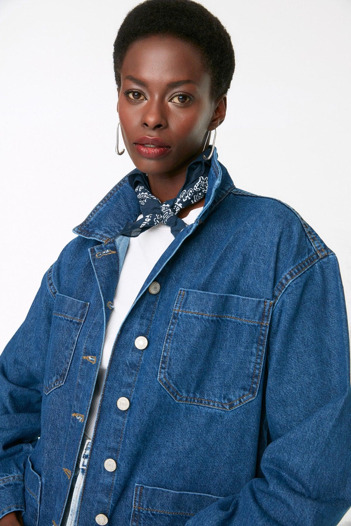 Blue Pocket Detailed Oversize Denim Jacket - Swordslife