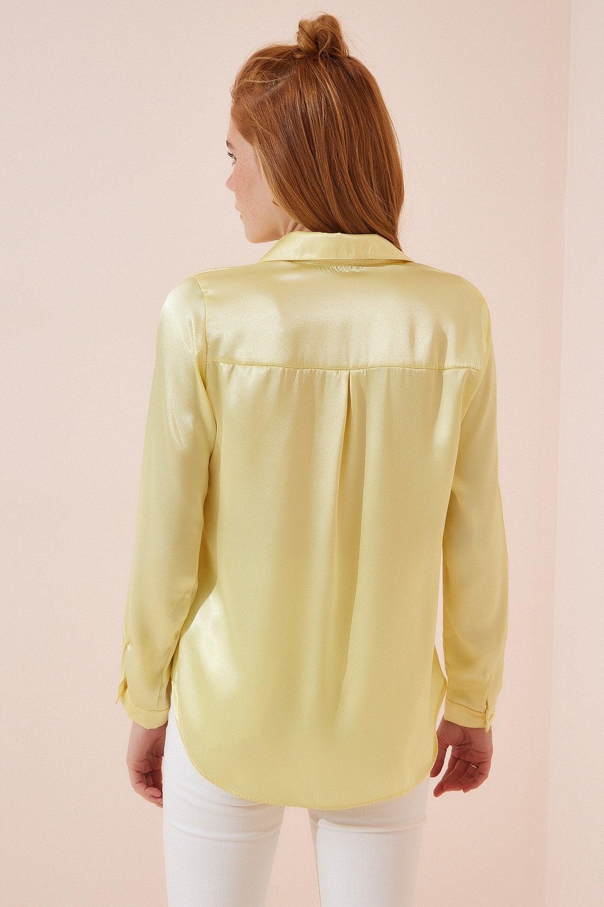 Women's Yellow Lightly Flowy Satin Shirt DD00990 - Swordslife