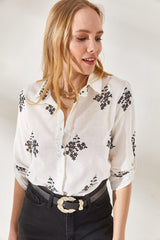 Women's Floral Black Sleeve Fold Linen Shirt GML-19000825 - Swordslife