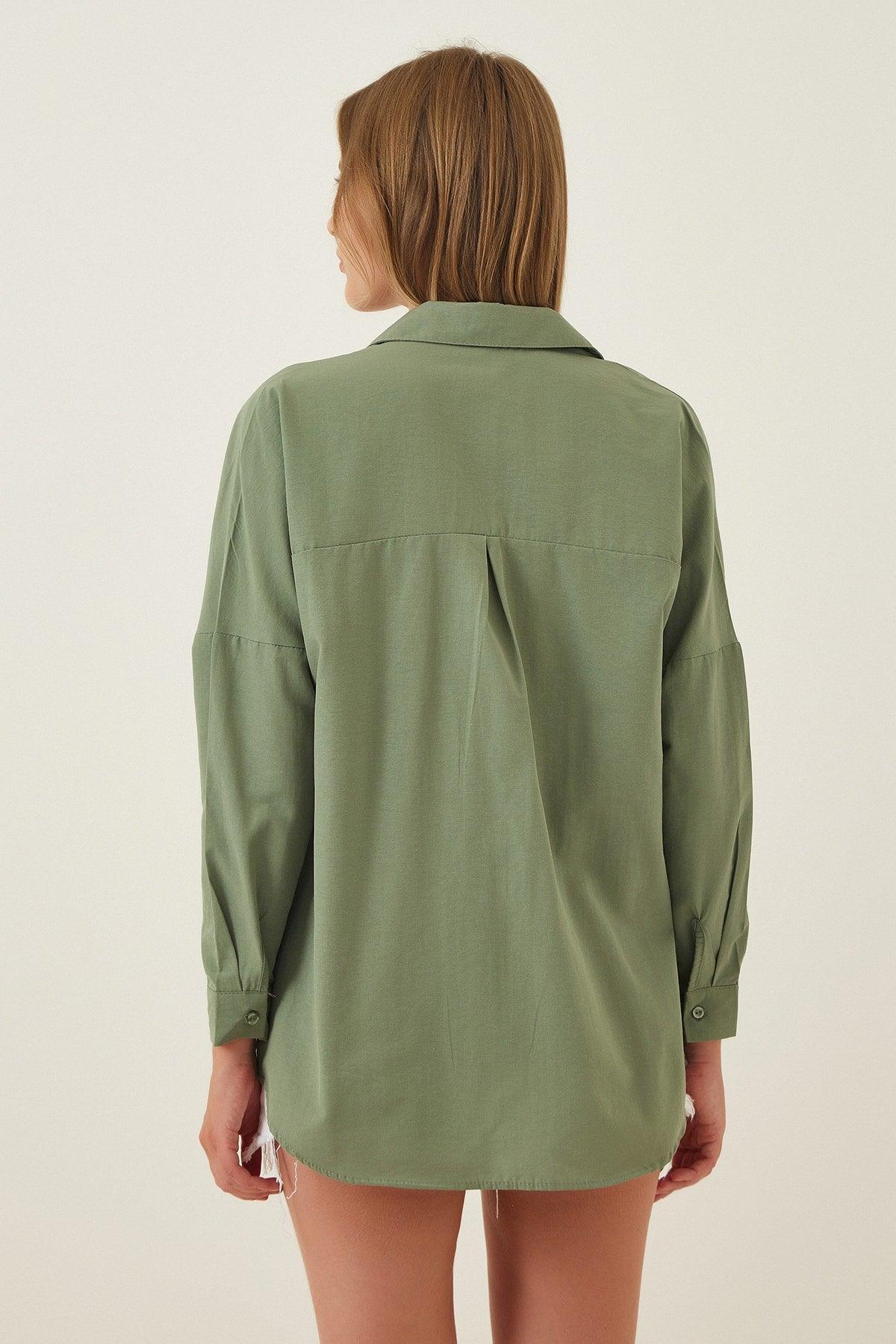 Women's Khaki Oversize Long Basic Shirt DD00842 - Swordslife