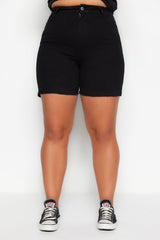 Black High Waist Flexible Skinny Side Slit Denim Shorts & Bermuda TBBSS23AP00009 - Swordslife
