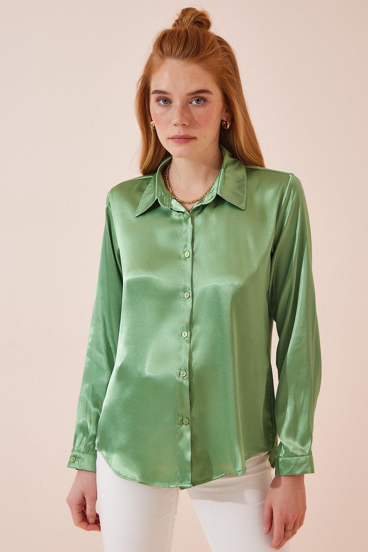 Women's Pistachio Green Lightly Flowy Satin Shirt DD00990 - Swordslife