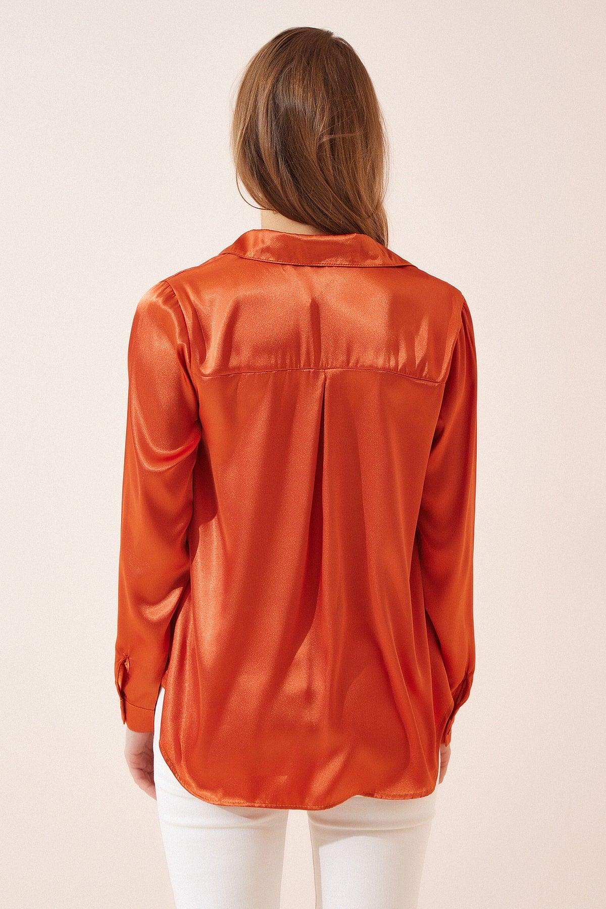 Women's Orange Lightly Flowy Satin Shirt DD00990 - Swordslife