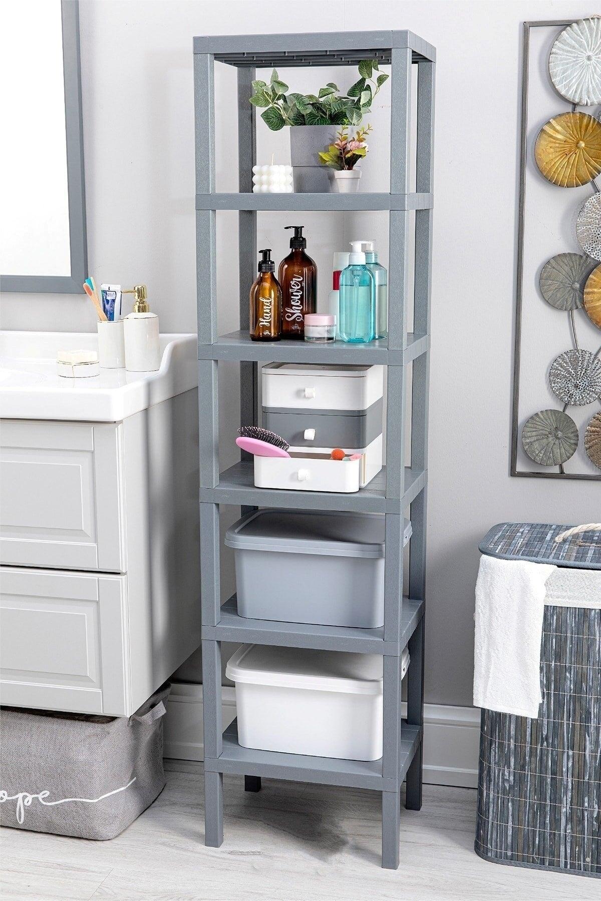 6 Tiers Plastic Shelving Unit Kitchen Shelf Bathroom Shelf Balcony Shelf Bathroom Organizer Bookshelf Gray - Swordslife