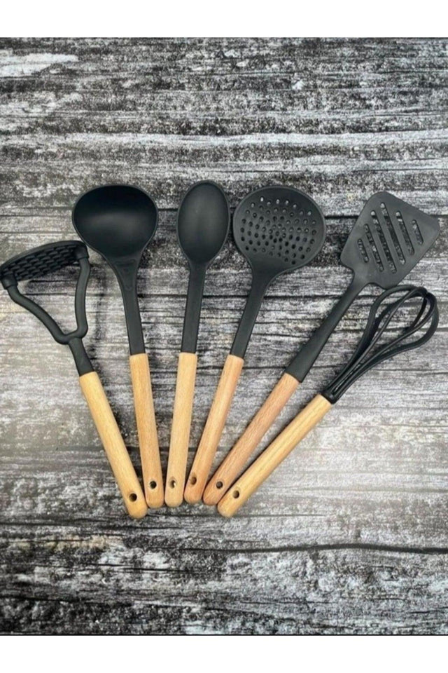 6 Practical Serving Set Non-Scratch Heat-Resistant Wooden Handle Spoon, ladle, spatula, whisk, colander, crusher - Swordslife