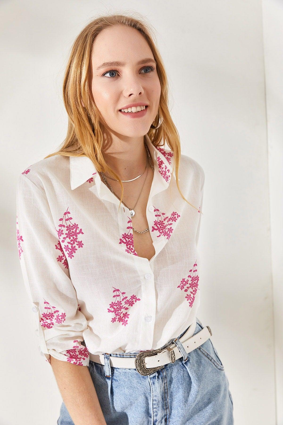 Women's Floral Fuchsia Sleeve Fold Linen Shirt GML-19000825 - Swordslife