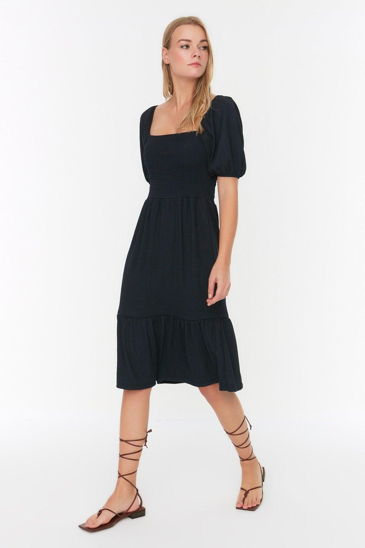 Navy Blue Waist Drop/Skater Square Neck Balloon Sleeve Midi Crepe Knitted Dress TWOSS22EL1088 - Swordslife