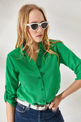 Women's Grass Green Linen Shirt With Sleeves GML-19000825 - Swordslife