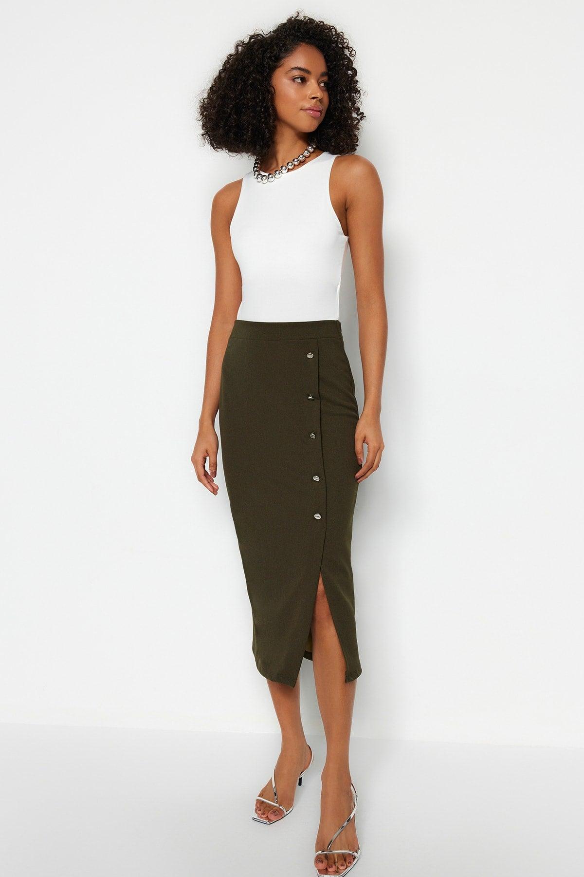 Khaki Maxi Button Detailed Crepe Knitted Pencil Skirt TWOSS23ET00320 - Swordslife