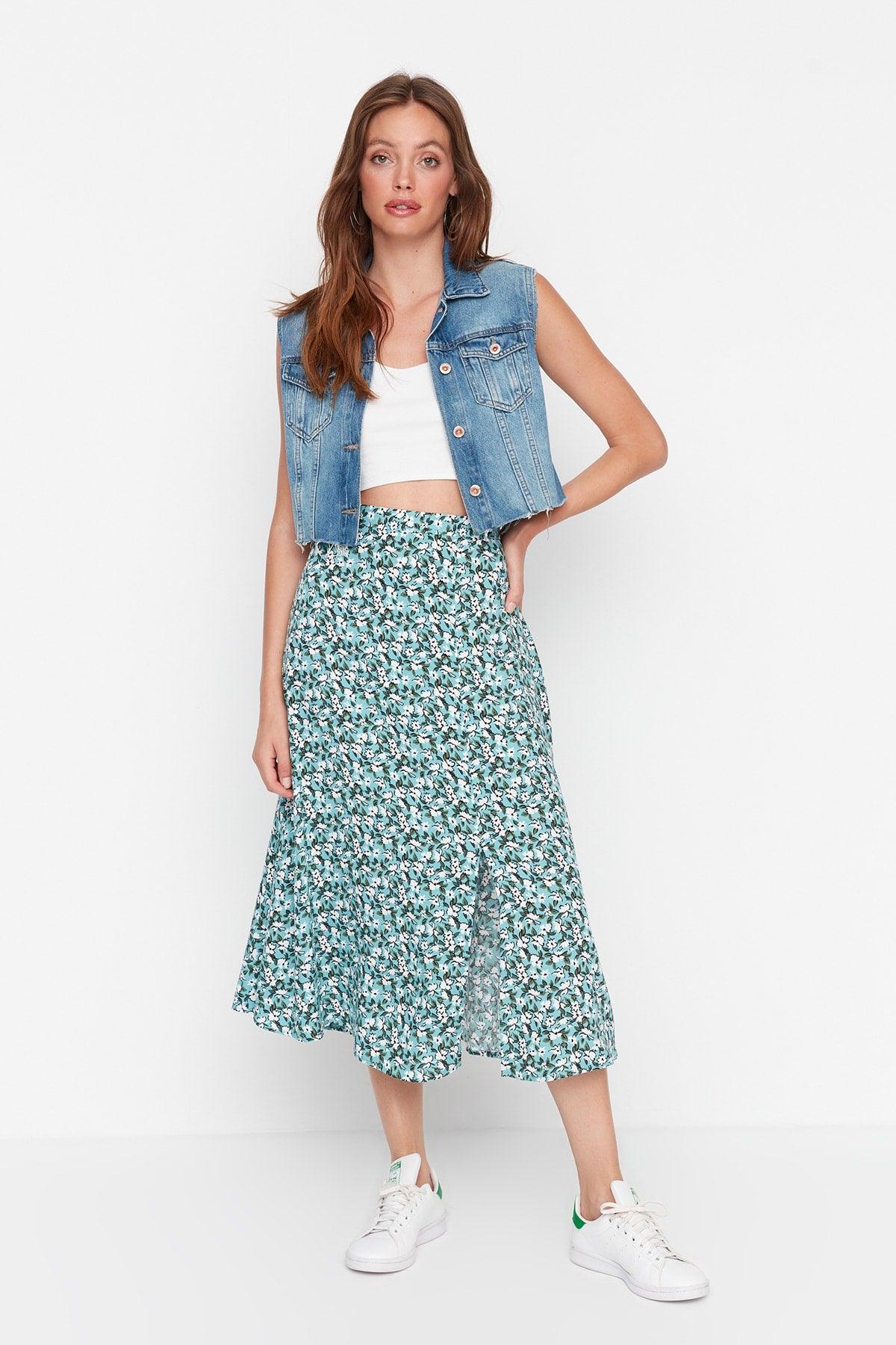 Green Midi Woven Slit Detailed Viscose Fabric Floral Patterned Skirt TWOSS20ET0230 - Swordslife