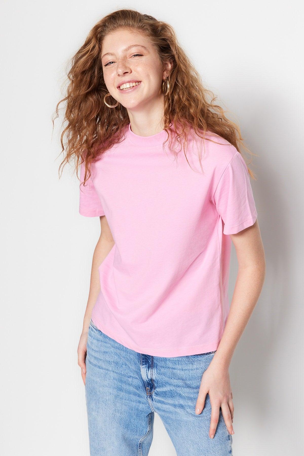 Pink 100% Cotton Basic Stand Up Collar Knitted T-Shirt TWOAW20TS0096 - Swordslife