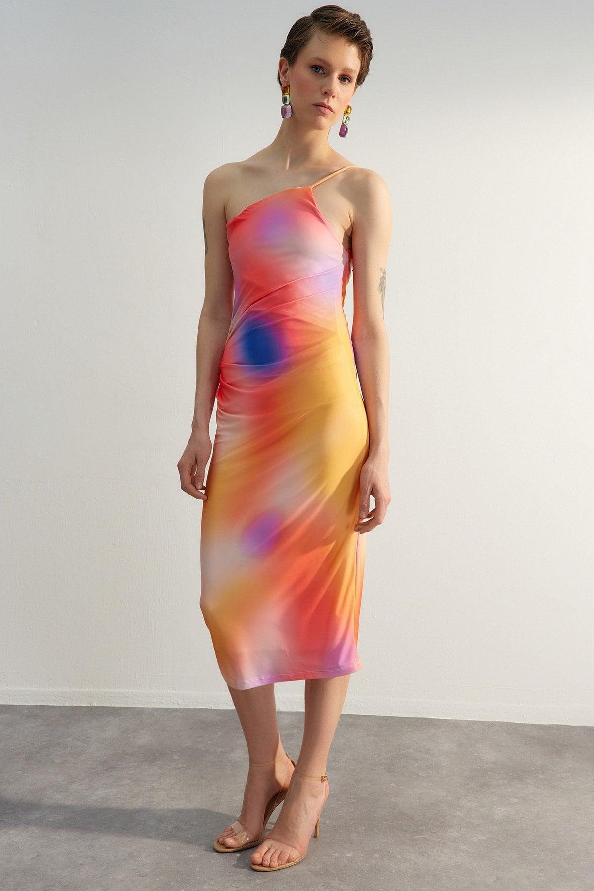 Limited Edition Multicolor Printed Fitted Midi One-Shoulder Stretch Knit Dress TWOSS23EL01577 - Swordslife