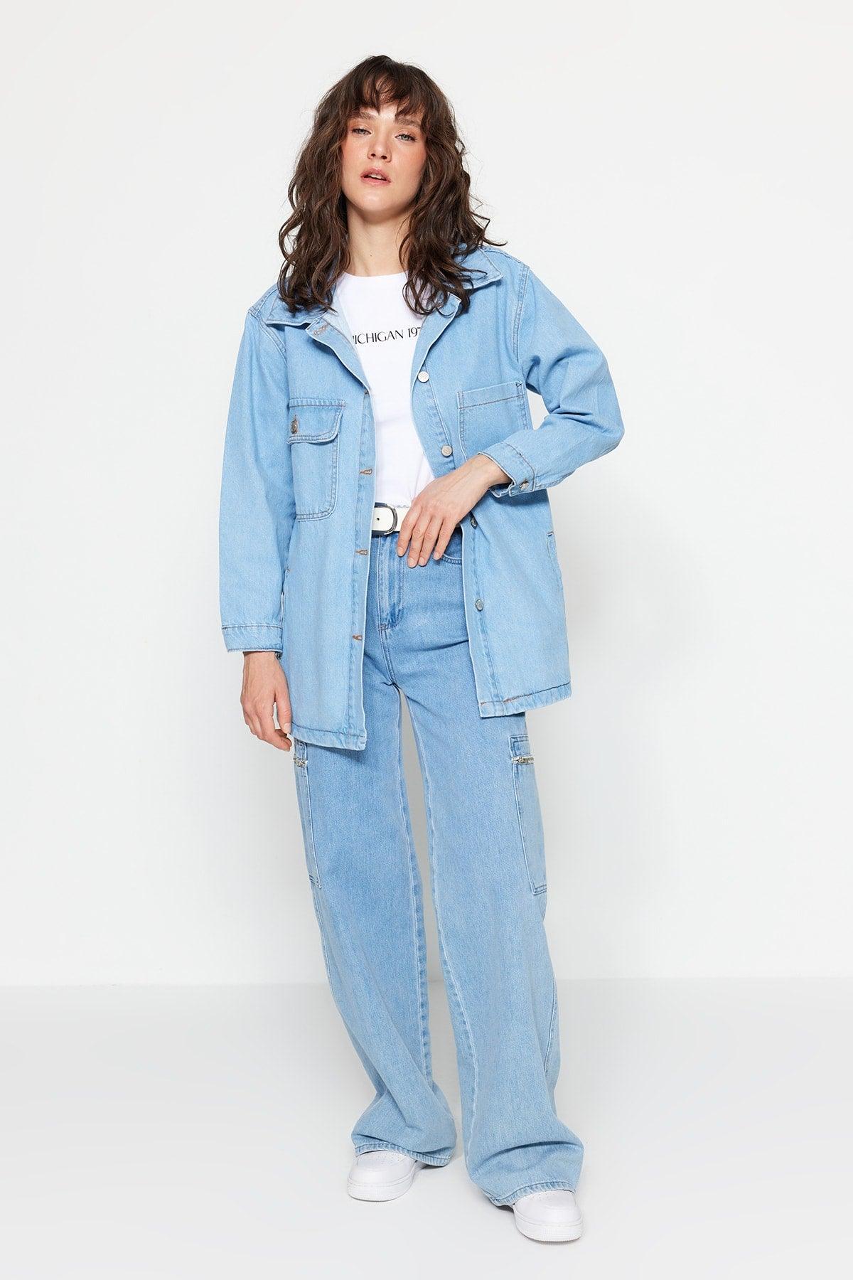 Ice Blue Oversize Denim Lycra Free Denim Jacket TCTSS23CK00001 - Swordslife