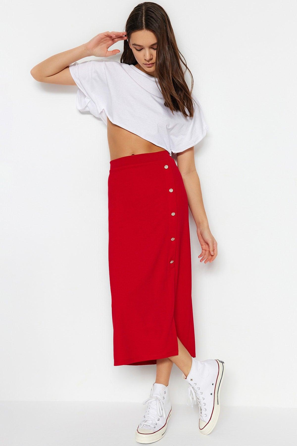 Red Button Detailed High Waist Midi Smart Crepe Knitted Pencil Skirt TWOSS23ET00320 - Swordslife