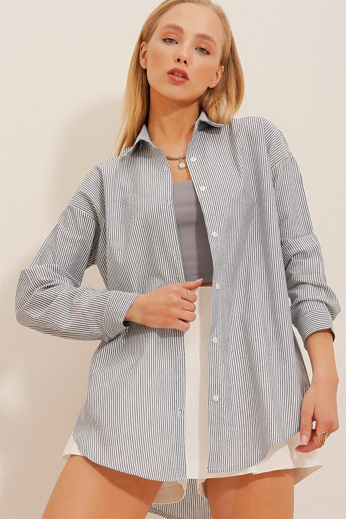 Women's Navy Blue Striped Oversize Shirt ALC-X10232 - Swordslife