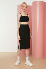 Black Slit Detailed Fitted High Waist Ribbed Stretch Midi Knitted Skirt TWOSS22ET0250 - Swordslife