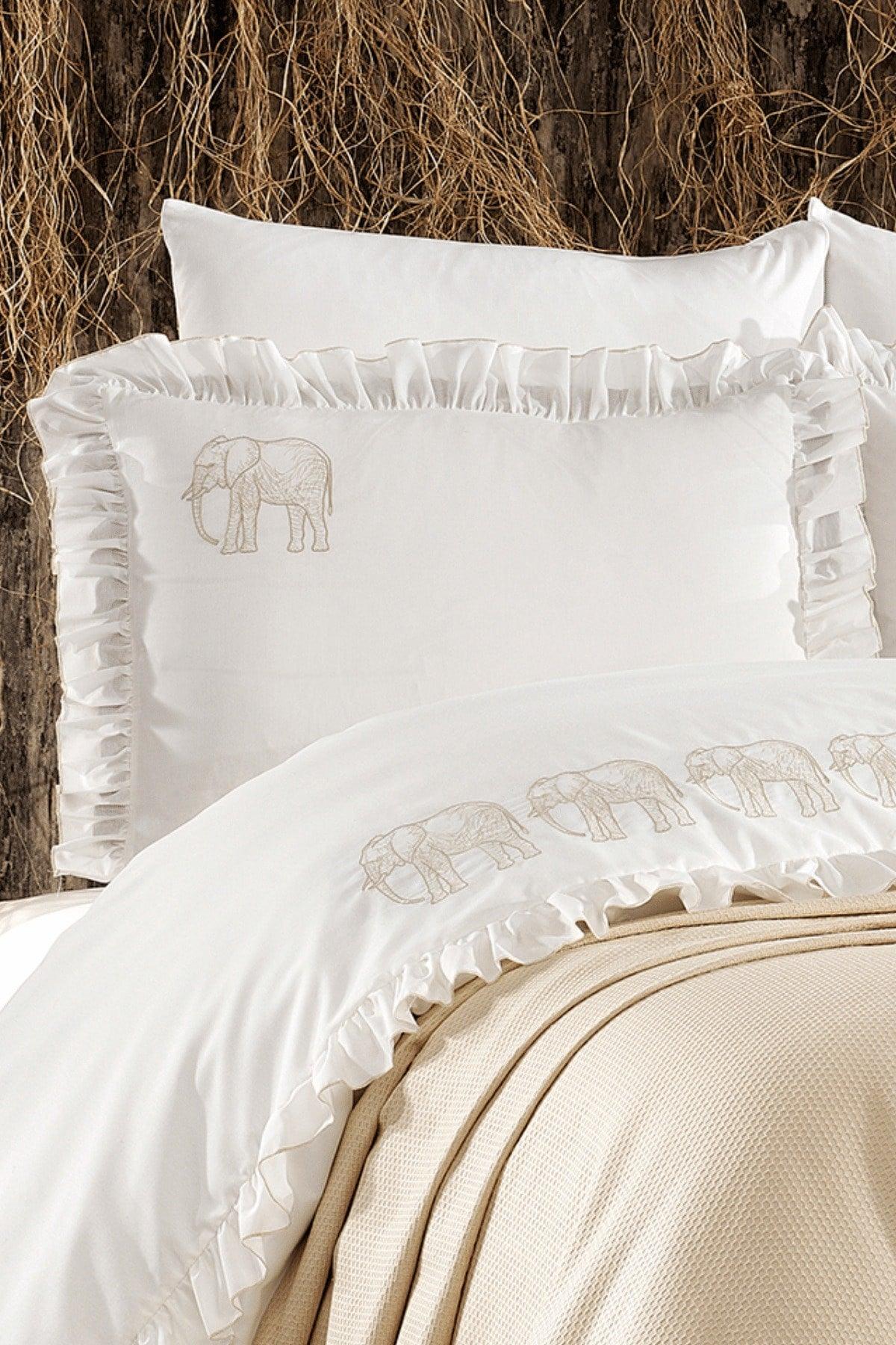 7-Piece Elephant Patterned Amazonian Double Cotton Beige Duvet Cover Set With Frills And Pique Bedspread - Swordslife