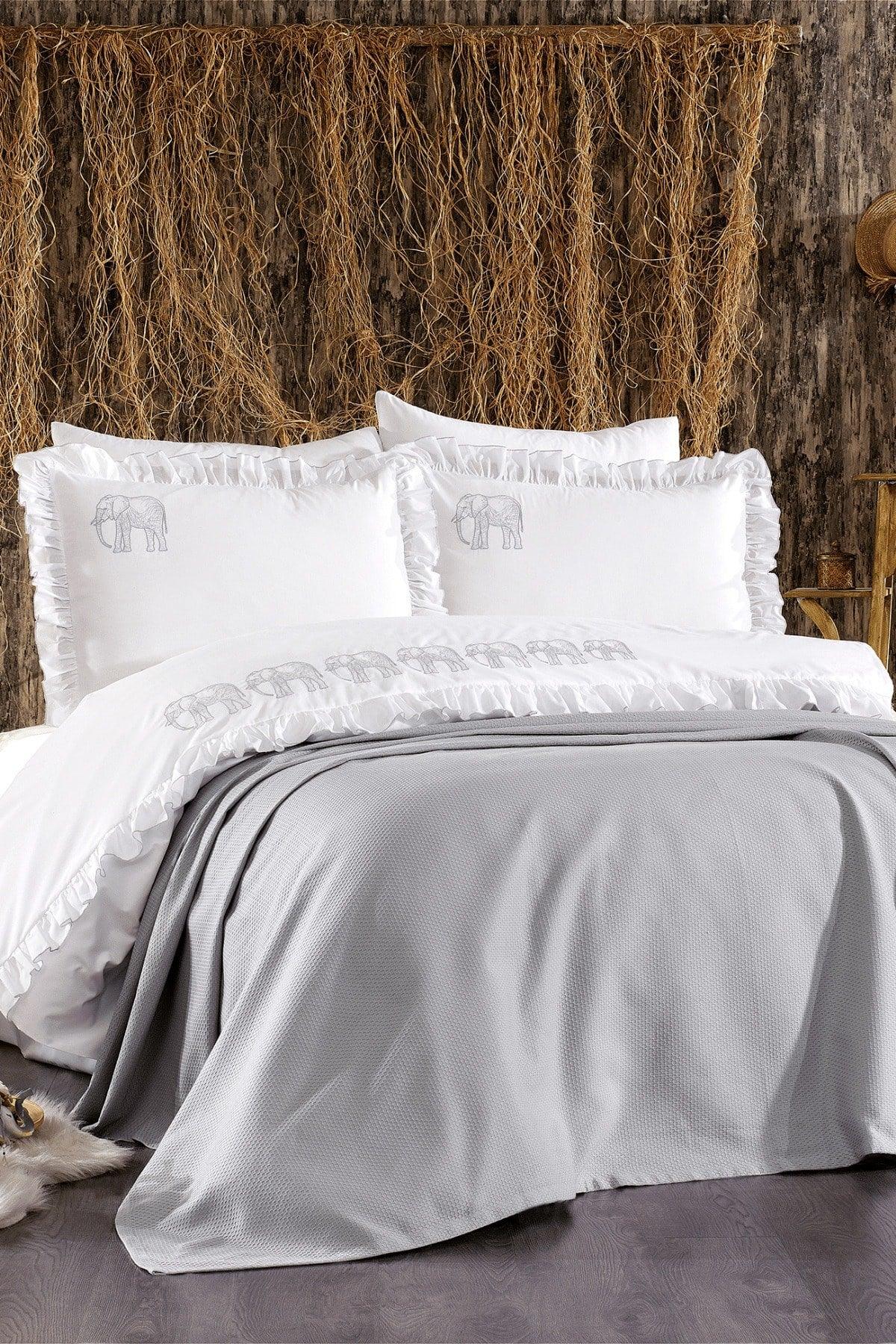 7-Piece Elephant Patterned Amazonian Double Cotton Gray Duvet Cover Set With Frills And Pique Bedspread - Swordslife