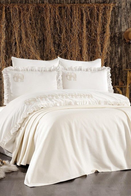 7-Piece Elephant Patterned Amazonian Double Cotton Cream Duvet Cover Set With Frills And Pique Bedspread - Swordslife