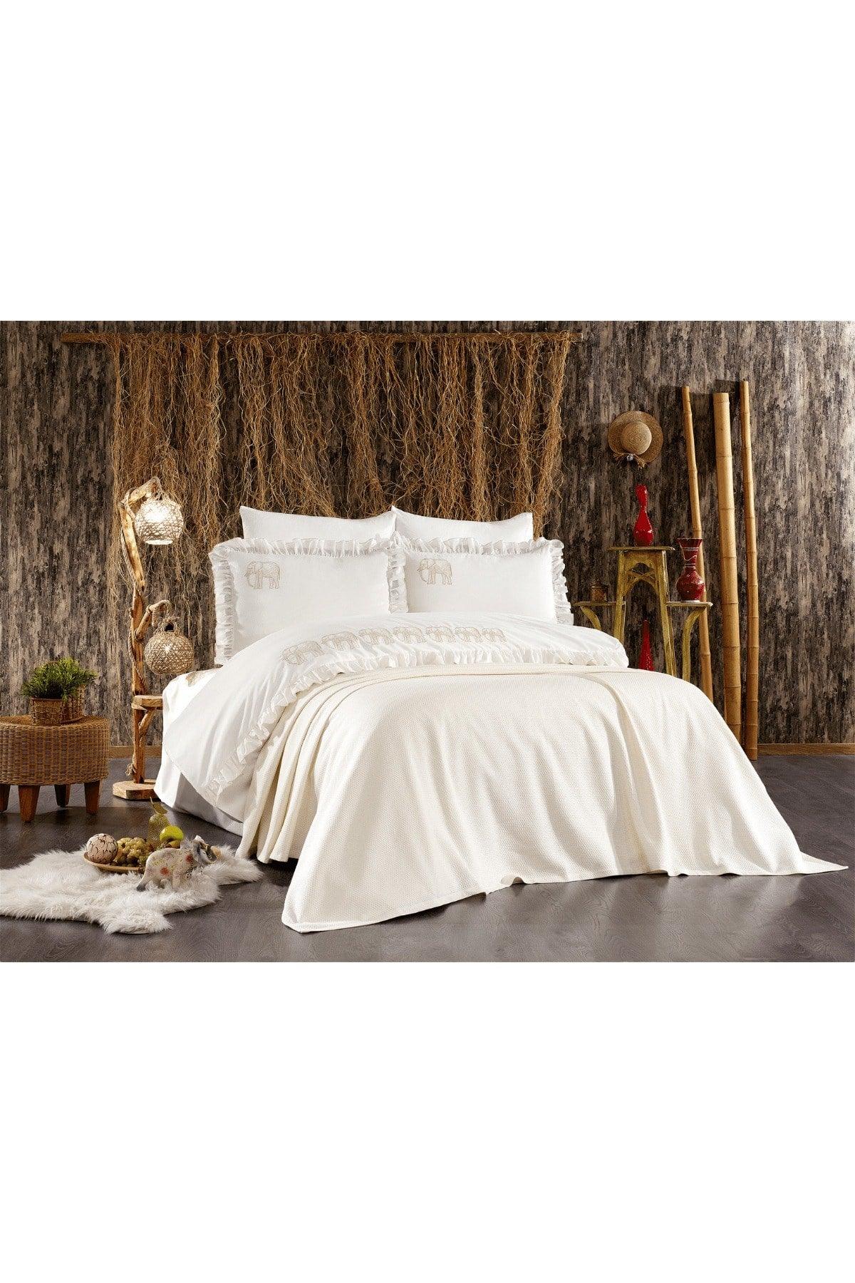 7-Piece Elephant Patterned Amazonian Double Cotton Cream Duvet Cover Set With Frills And Pique Bedspread - Swordslife