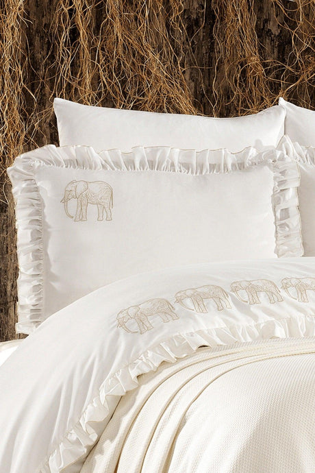 7-Piece Elephant Patterned Amazonian Double Cotton Cream Duvet Cover Set With Frills And Pique Bedspread - Swordslife