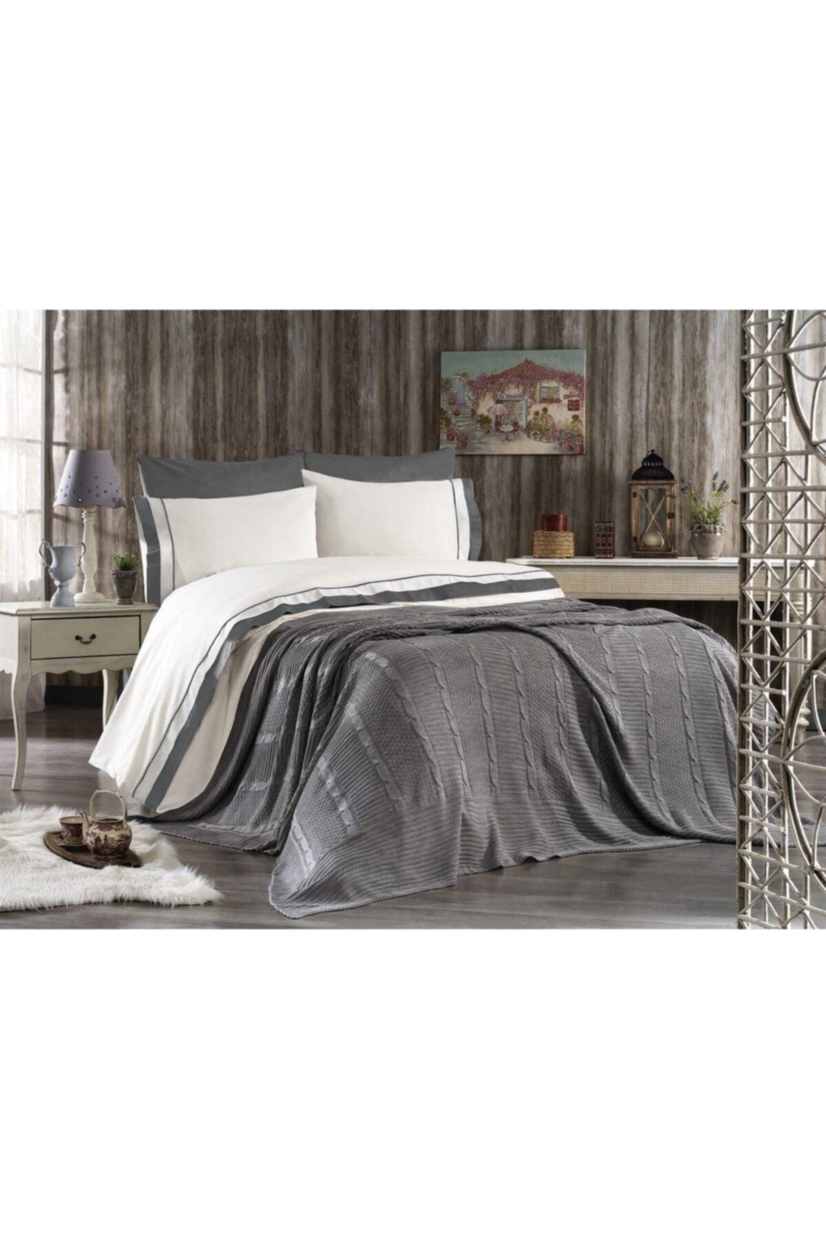 7 Piece Cotton Knitwear Blanket Ahzen Double Duvet Cover Set Gray - Swordslife