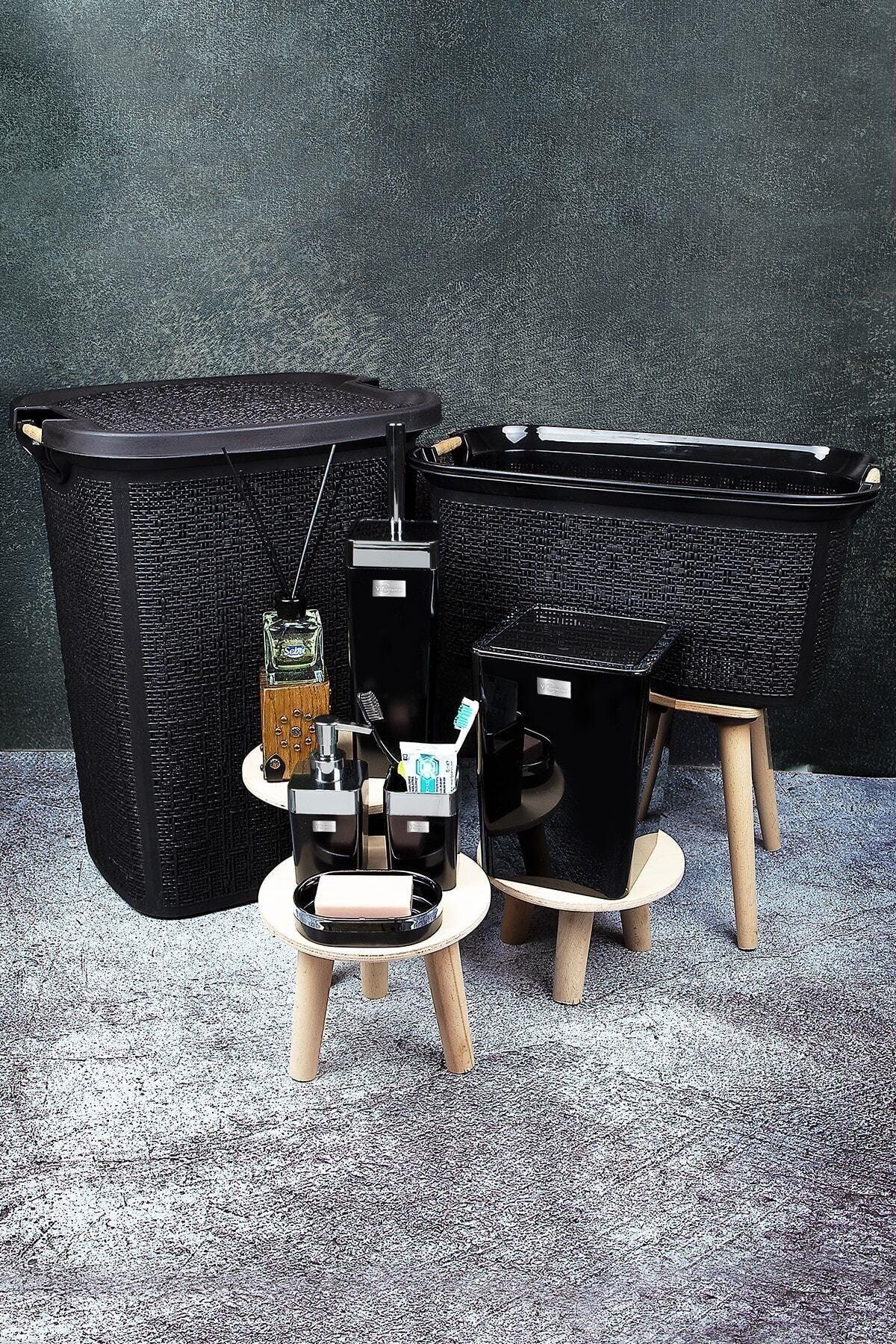 7 Pcs Laundry And Dirty Basket And Bathroom Set Black 605-606-vialex Elite Black Silver - M2 - Swordslife