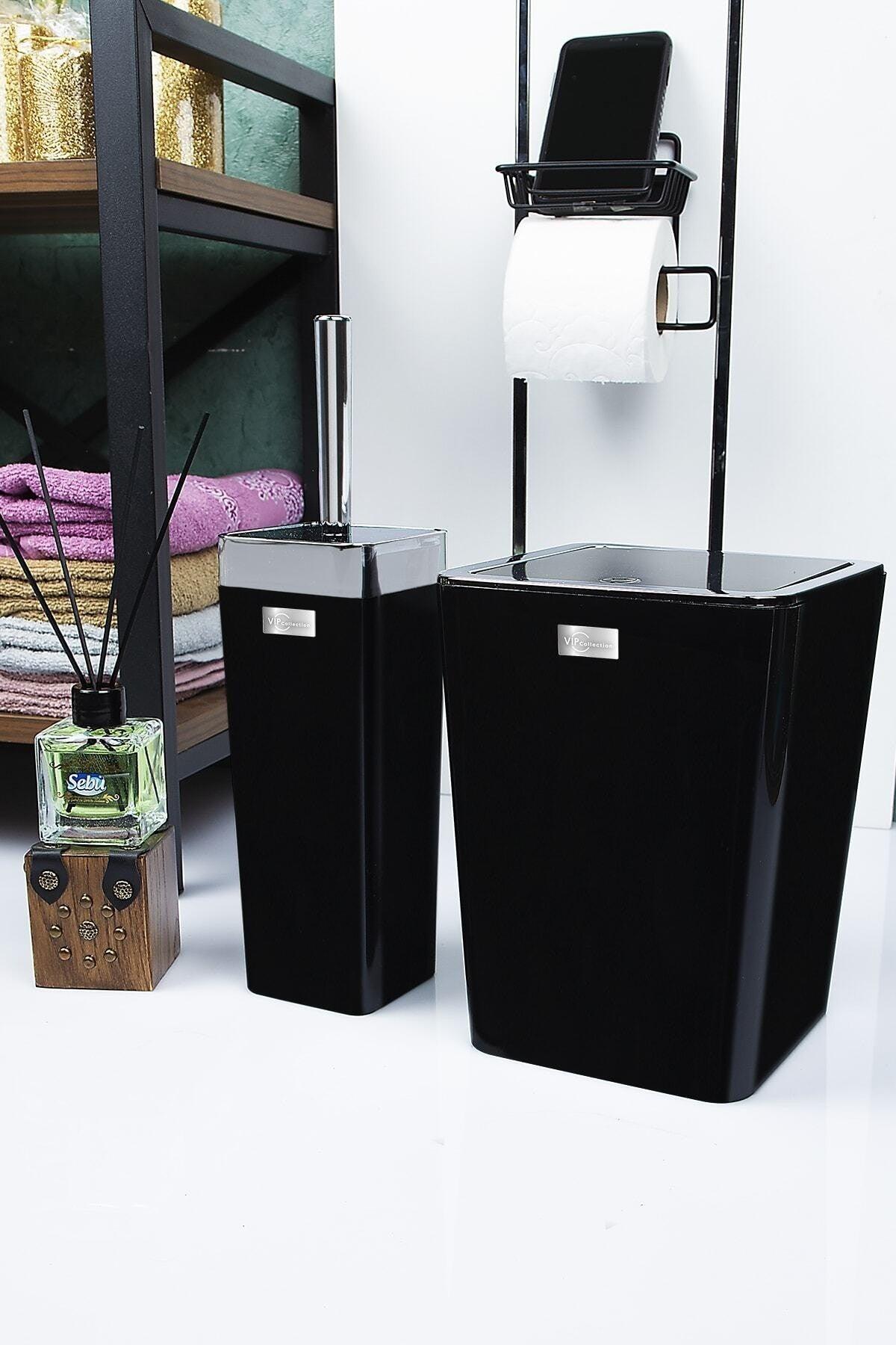 7 Pcs Laundry And Dirty Basket And Bathroom Set Black 605-606-vialex Elite Black Silver - M2 - Swordslife