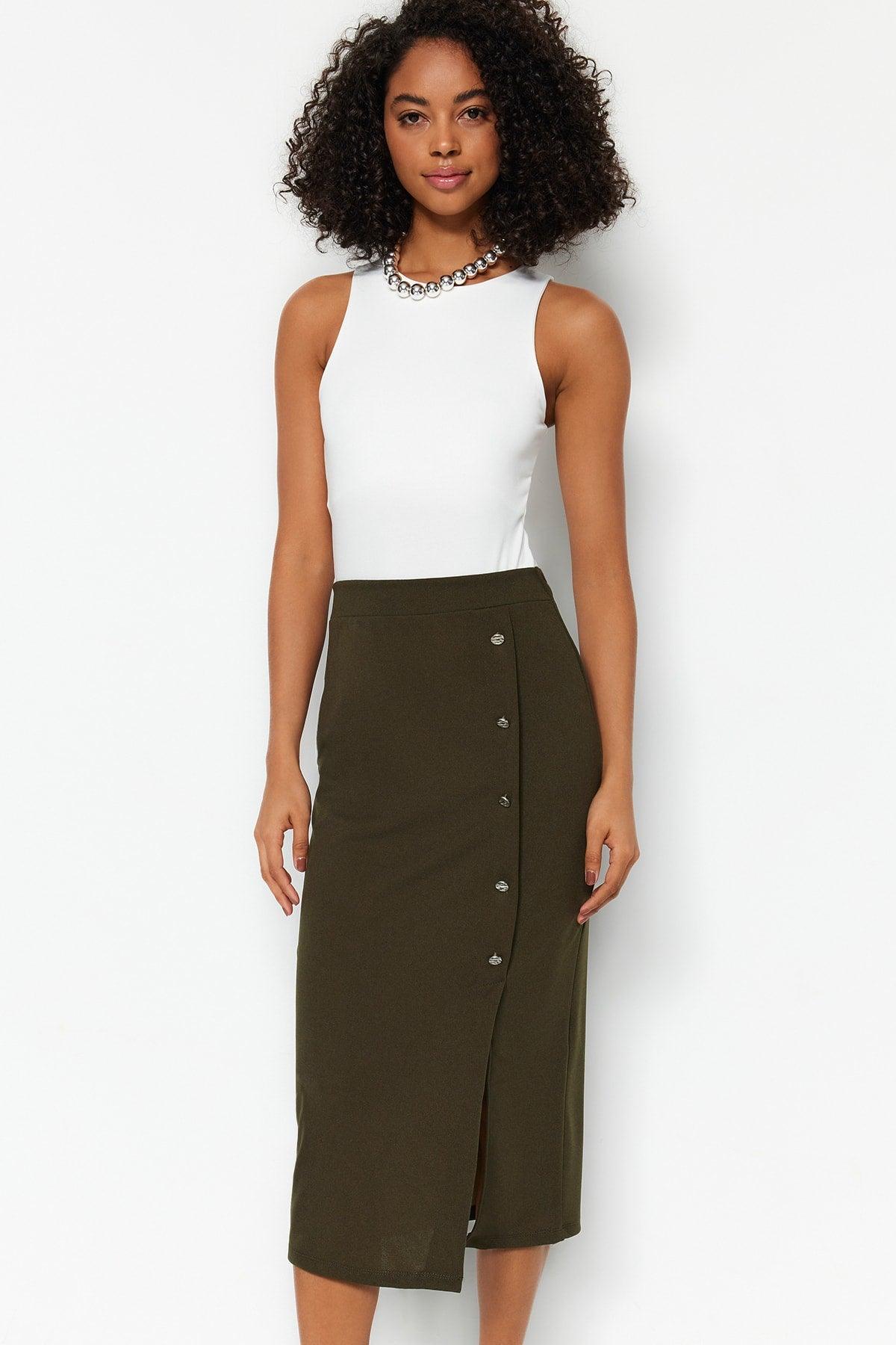 Khaki Maxi Button Detailed Crepe Knitted Pencil Skirt TWOSS23ET00320 - Swordslife