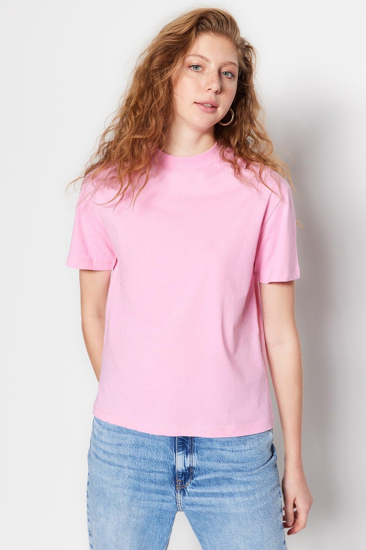 Pink 100% Cotton Basic Stand Up Collar Knitted T-Shirt TWOAW20TS0096 - Swordslife