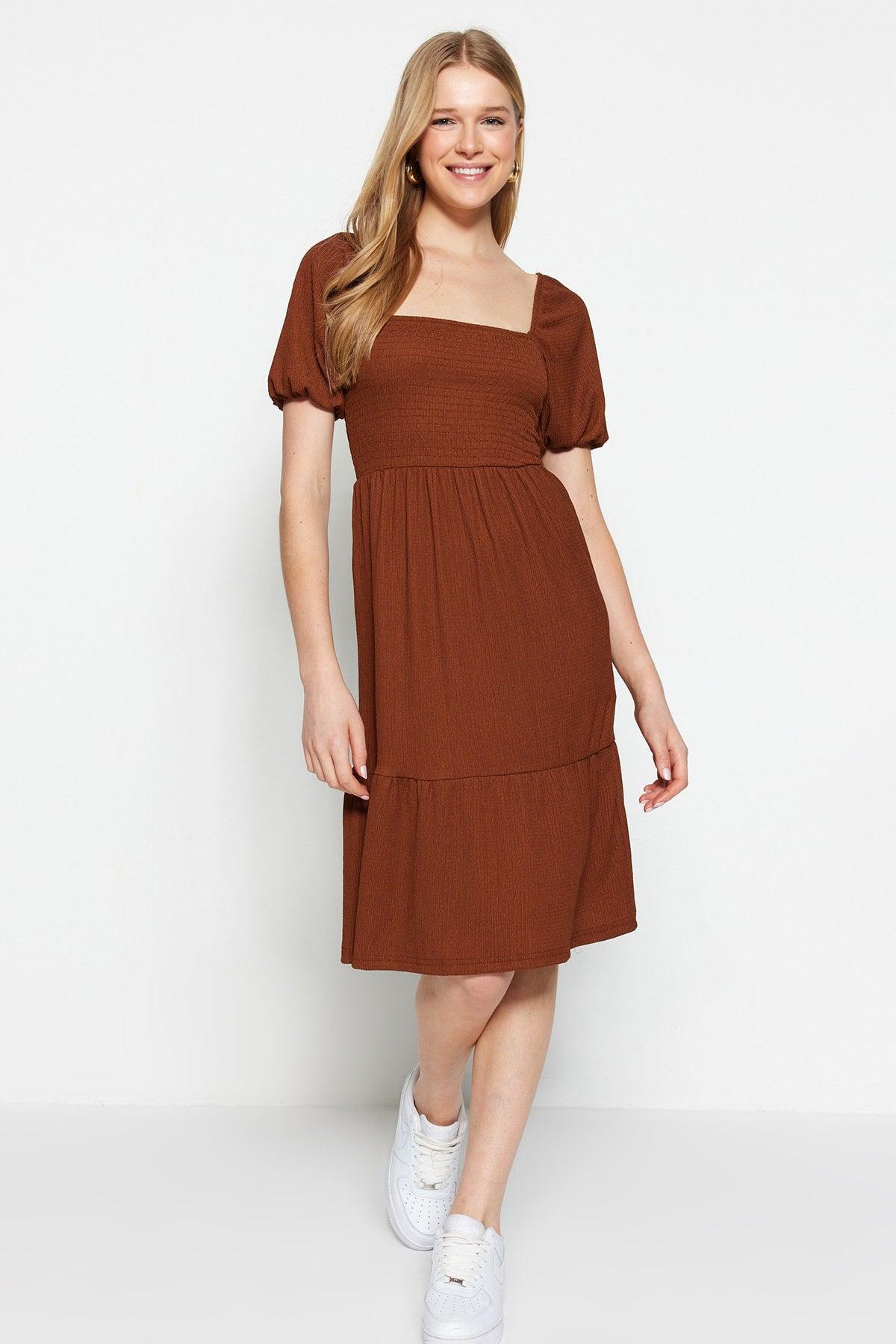 Brown Waist Drop/Skater Square Neck Balloon Sleeve Midi Crepe Knitted Dress TWOSS22EL1088 - Swordslife