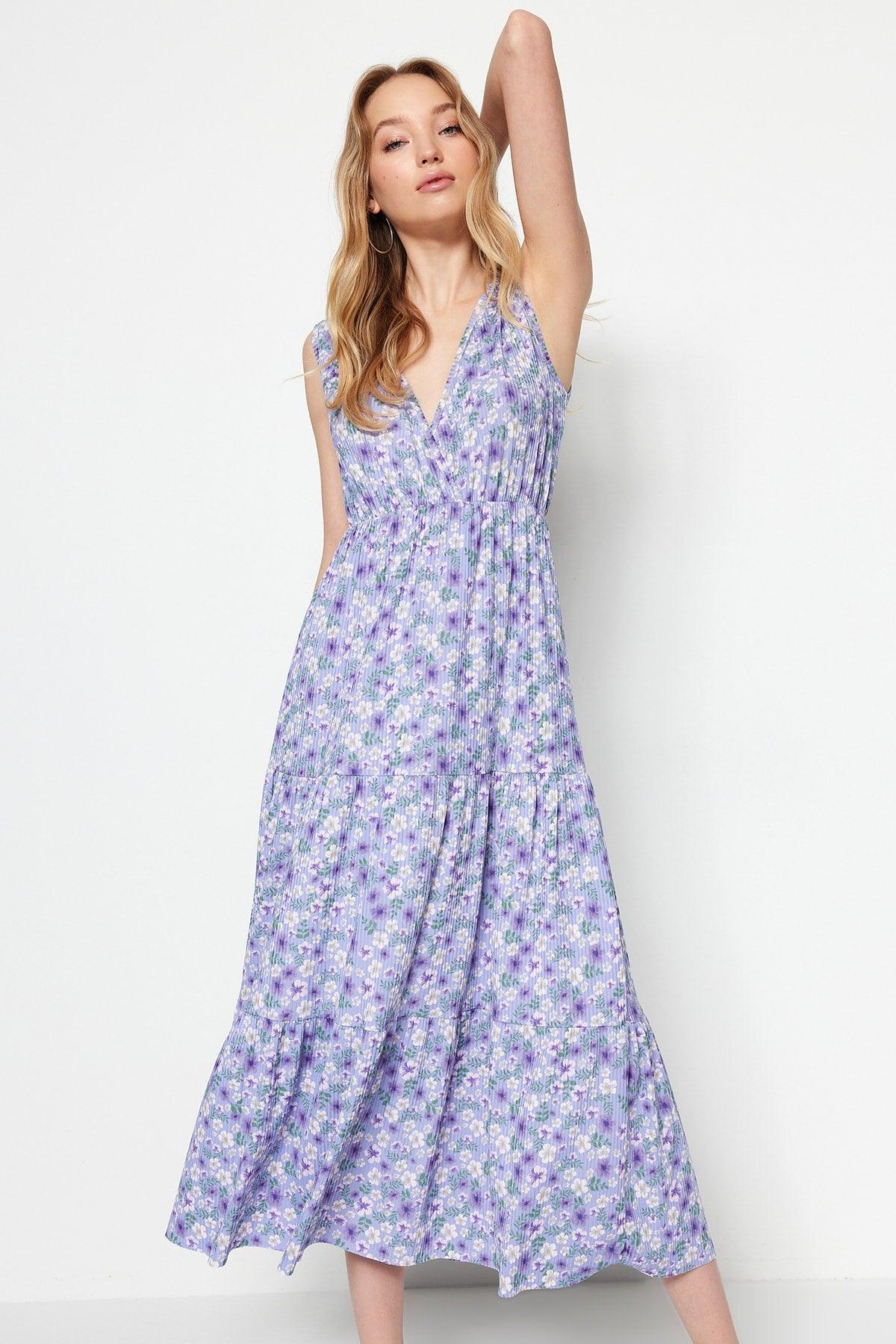 Purple Floral Pattern V Neck Sleeveless A-Line Maxi Knitted Dress TWOSS22EL1588 - Swordslife