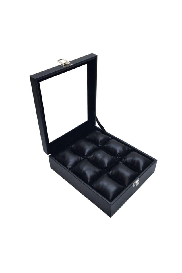 9 Pcs Watch Box Black Leather on Wood