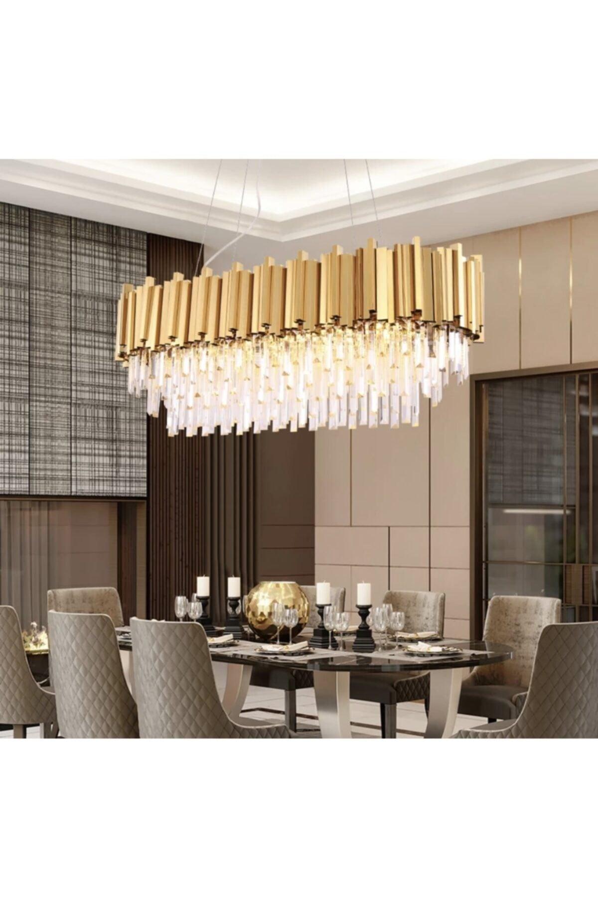 A+ Luxury Modern Crystal Stone Pendant Lamp Chandelier Gold Yellow Dining Table - Swordslife