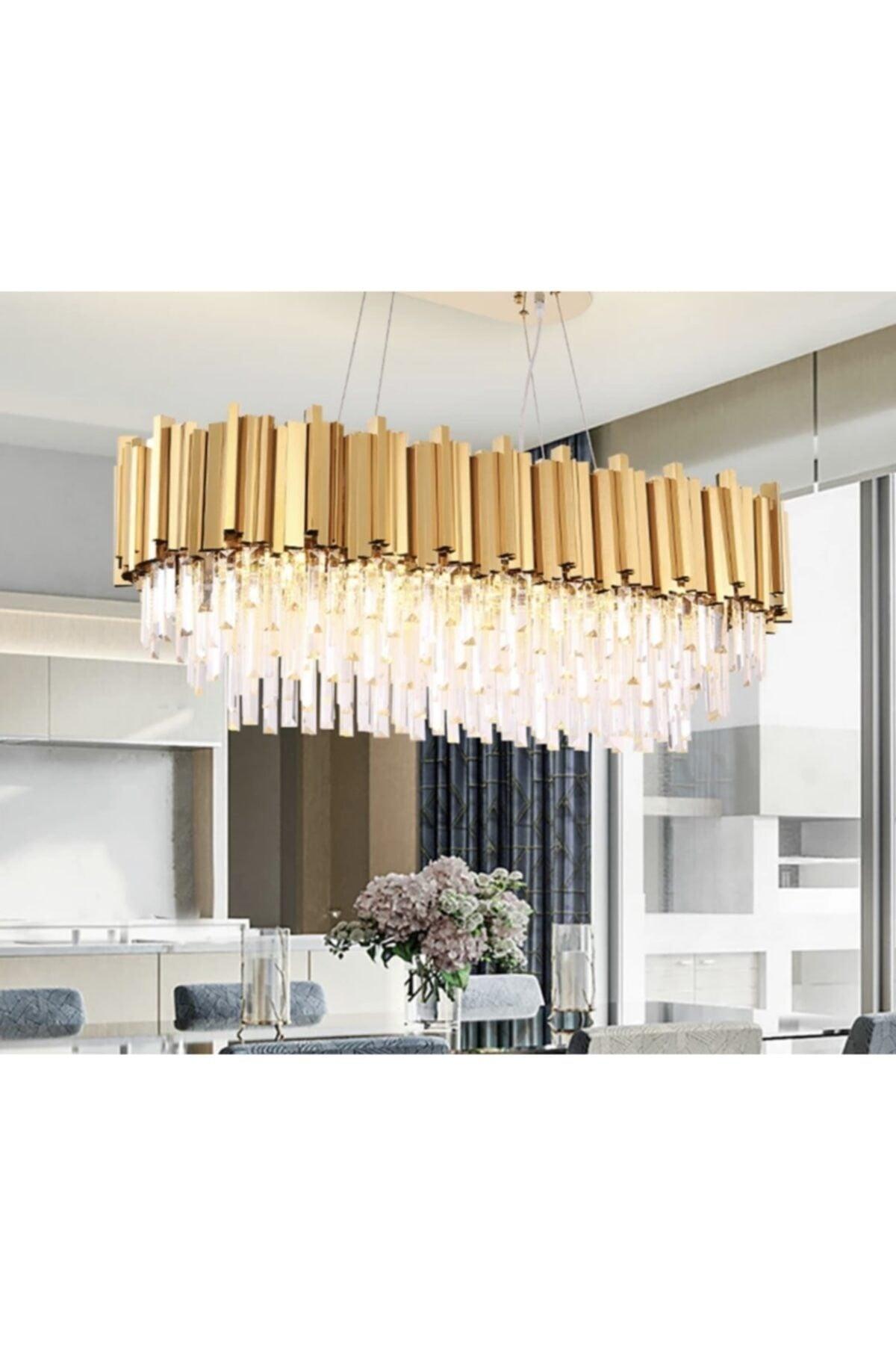 A+ Luxury Modern Crystal Stone Pendant Lamp Chandelier Gold Yellow Dining Table - Swordslife