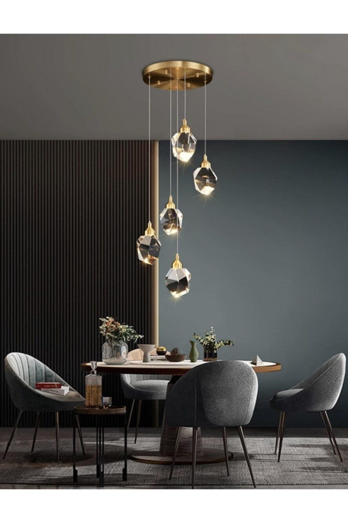 A+ Luxury Modern Crystallized Glass Pendant Lamp Five Led Chandelier Gold Yellow - Swordslife