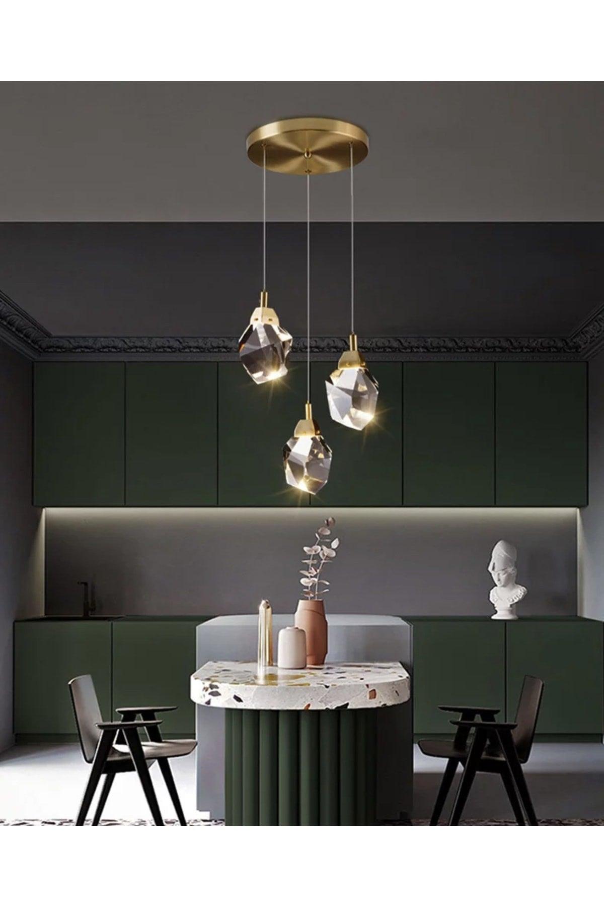 A+ Luxury Modern Crystallized Glass Pendant Lamp Triple Led Chandelier Gold Yellow - Swordslife