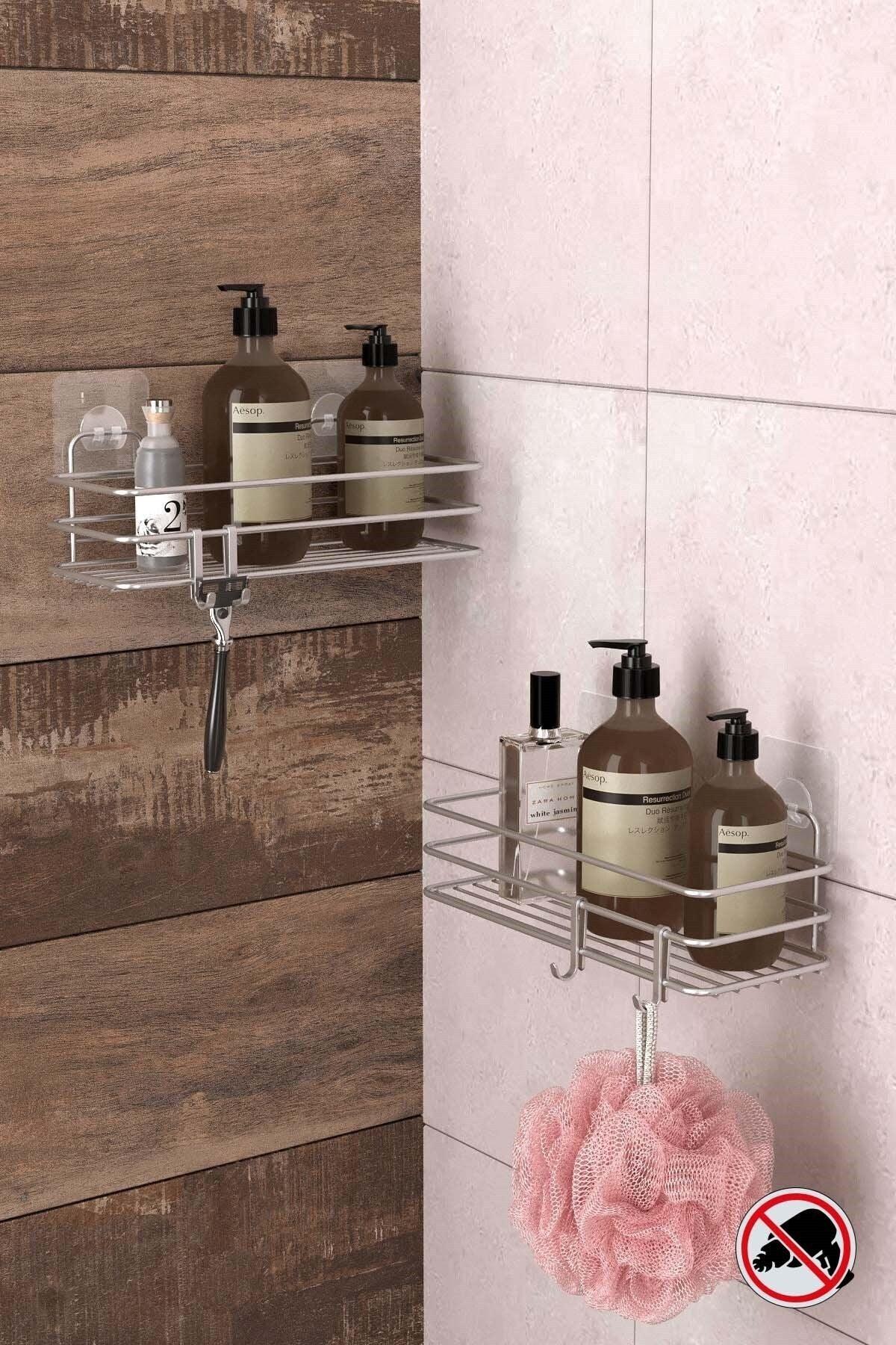 2 Pieces Bathroom Shelves with Adhesive Hooks Silver St217h - Swordslife